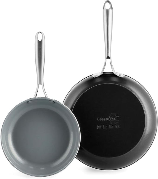 GreenPan Swift Healthy Ceramic Nonstick, 8" and 10" Frying Pan Skillet Set, Stainless Steel Handles, PFAS-Free, Dishwasher Safe, Oven Safe, Black