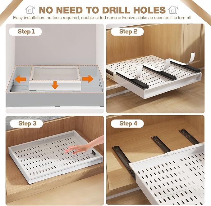 Seinloes 4 Pack Pull Out Cabinet Organizer With Raising Pad for Framed Cabinets,Expandable Width (13"-21") and Depth (17"-24"),3 Slide Rails Slide Out Drawers with Handle,No-Drill Roll Out Shelf,White - Image 8