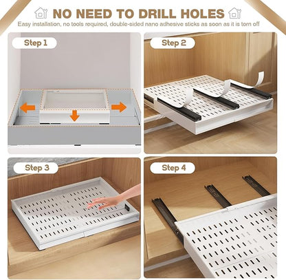 Seinloes 4 Pack Pull Out Cabinet Organizer With Raising Pad for Framed Cabinets,Expandable Width (13"-21") and Depth (17"-24"),3 Slide Rails Slide Out Drawers with Handle,No-Drill Roll Out Shelf,White - Image 8