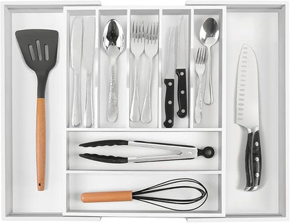 Bellsal Large Premium Bamboo Silverware Organizer - Expandable Utensil Drawer Organizer - 17"x19.6" Utensil Holder and Cutlery Tray with Grooved for Kitchen Flatware and Utensils(7-9 Slot, White) - Image 8