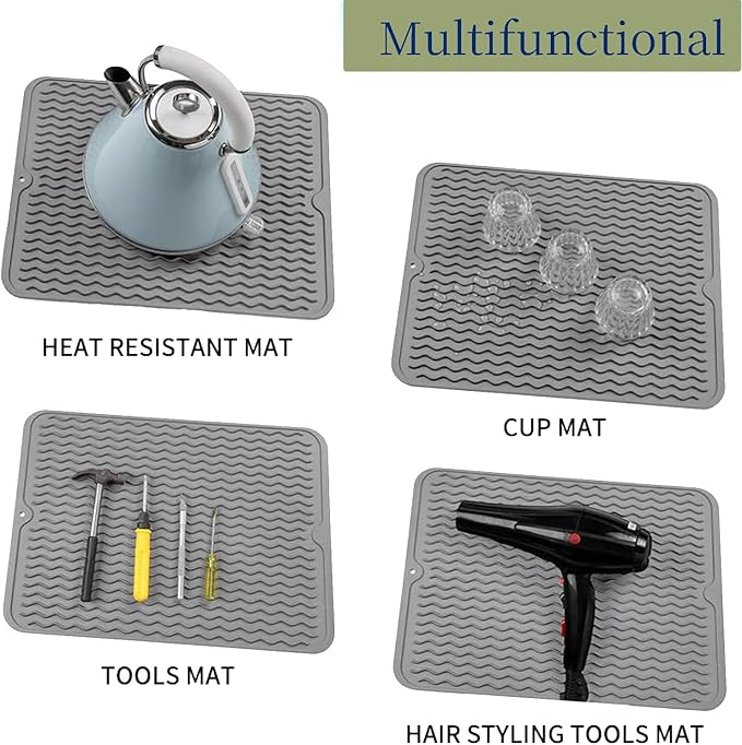 Silicone Dish Drying Mat for Multiple Usage,Easy clean,Eco-friendly,Heat-resistant Silicone Mat for Kitchen Counter or Sink,Refrigerator or Drawer liner Grey L 16 inches x 12 inches - Image 5
