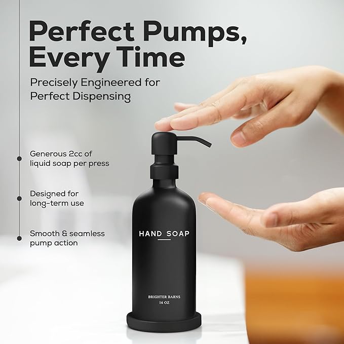 Black Glass Hand Soap Dispenser Bathroom Set by Brighter Barns - Bathroom Soap Dispenser Set with Tray and Stainless Steel Pump - Modern Decor for Kitchen, Hotel, Vacation Rental, Restaurants (Black) - Image 4