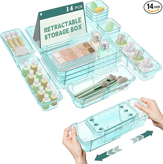 14 Pcs Clear Drawer Organizer, Adjustable Drawer Storage Box, 3-Size Desk Drawer Organizer, Acrylic Storage Bins for Makeup, Kitchen Utensils, Bedroom Dressers Tool Organizer for Gadgets, Blue