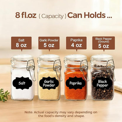 ComSaf Set of 12 Square Glass Jars with Airtight Lids (8 Oz), Pantry Canisters for Spices, Jams, & Herbs, Wire Clamp Jar for Overnight Oats, Pickling, Favors, Includes Labels & Funnel - Image 3