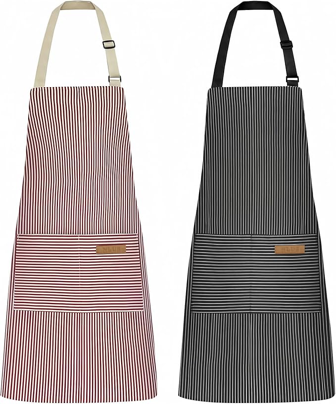 NLUS 2 Pack Kitchen Cooking Aprons, Adjustable Bib Soft Chef Apron with 2 Pockets for Men Women (Black Pinstripes/Pink Pinstripes) by NLUS