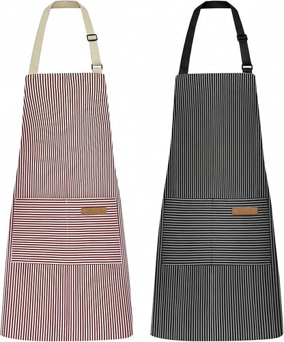 NLUS 2 Pack Kitchen Cooking Aprons, Adjustable Bib Soft Chef Apron with 2 Pockets for Men Women (Black Pinstripes/Pink Pinstripes) by NLUS