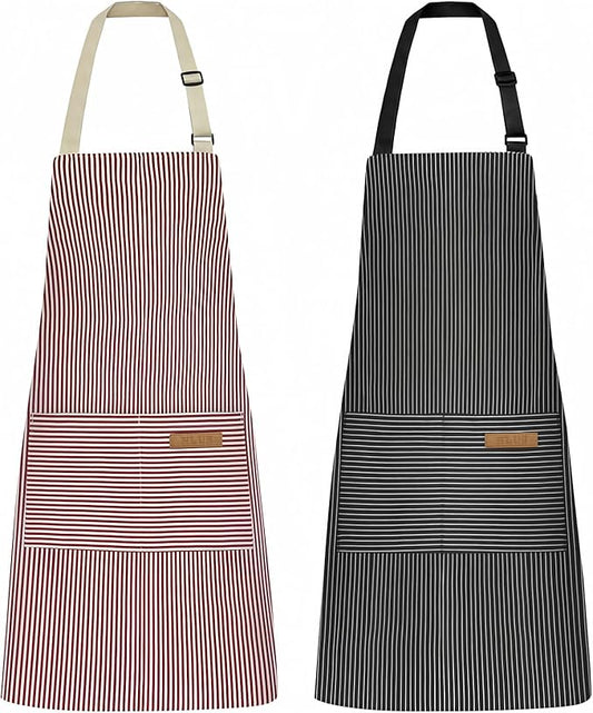 NLUS 2 Pack Kitchen Cooking Aprons, Adjustable Bib Soft Chef Apron with 2 Pockets for Men Women (Black Pinstripes/Pink Pinstripes) by NLUS