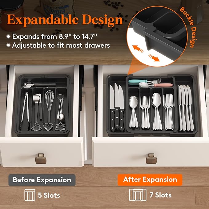 Lifewit Silverware Drawer Organizer, Expandable Utensil Tray for Kitchen, BPA Free Flatware and Cutlery Holder, Adjustable Plastic Storage for Spoons Forks Knives, 8.9-14.7 x 12.2", Black - Image 2