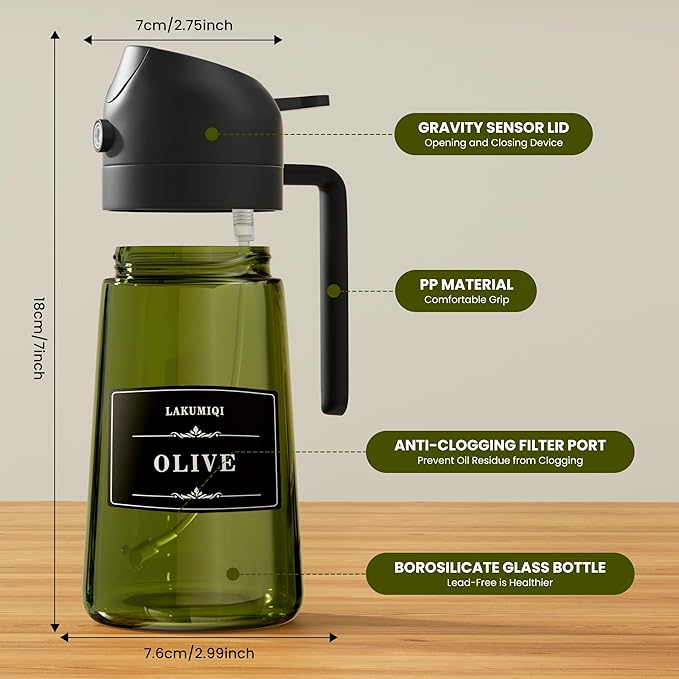 LAKUMIQI 2 in 1 Oil Sprayer for Cooking, 16oz Olive Oil Dispenser Bottle for Kitchen, Food Grade Light-Blocking Leak Proof Glass Spray Bottle for Salad, Air Fryer, BBQ - Image 2