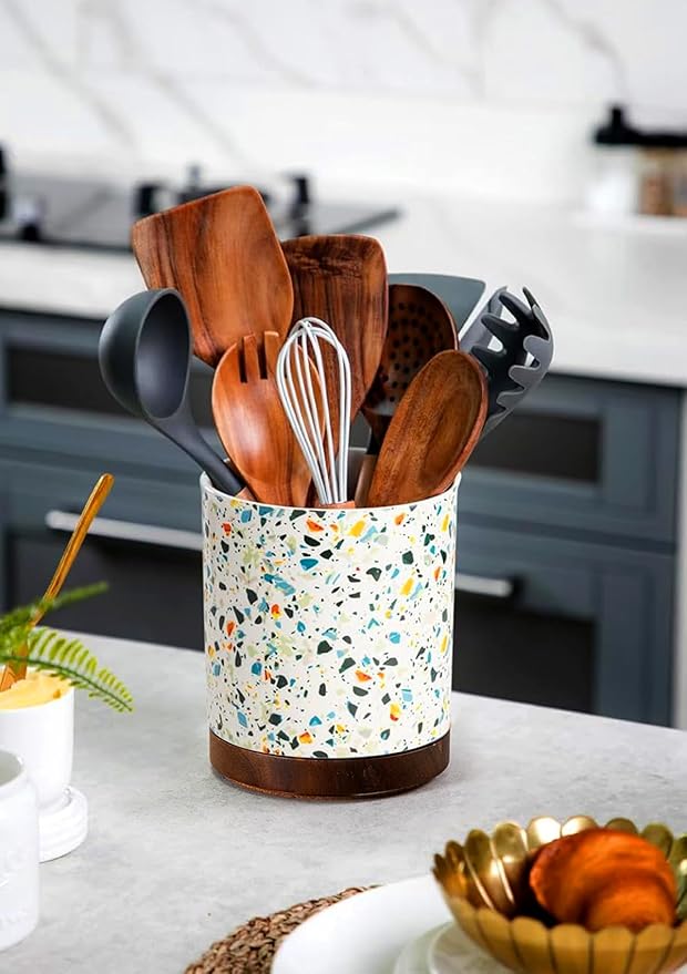 Nucookery 360°Rotating Utensil Holder, 7.2" Large Utensil Crock, White Ceramic Cooking Utensil Organizer,Farmhouse Kitchen Decor Christmas Thanksgiving Gift (Marble Pattern) - Image 6