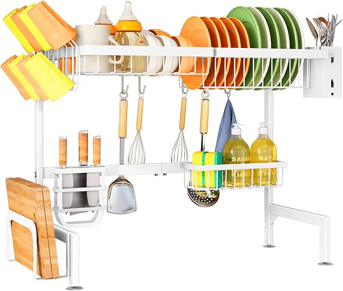 SNTD Over The Sink Dish Drying Rack - Adjustable Dish Rack for Kitchen Counter, Metal (White) - Image 9