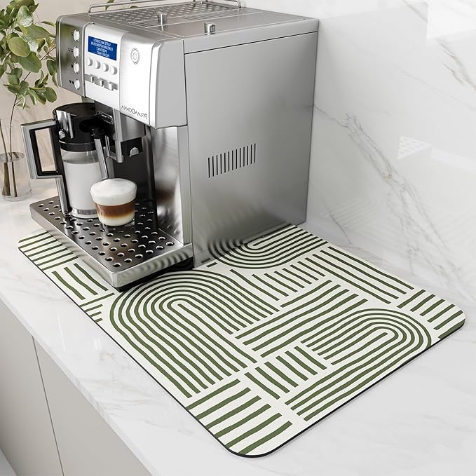 AMOAMI Coffee Mat Hide Stain Rubber Backed Absorbent Dish Drying Mat for Kitchen Counter - Fits Under Coffee Maker or Machine - Green Line 16x24 by AMOAMI