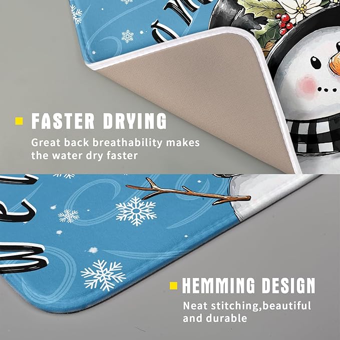 Christmas Snowman Dish Drying Mat for Kitchen Counter 16x18 Blue White Snowflake Welcome Winter Holiday Absorbent Reversible Microfiber Drying Mats Kitchen Countertop Protector Dishes Drainer Rack Pad - Image 3