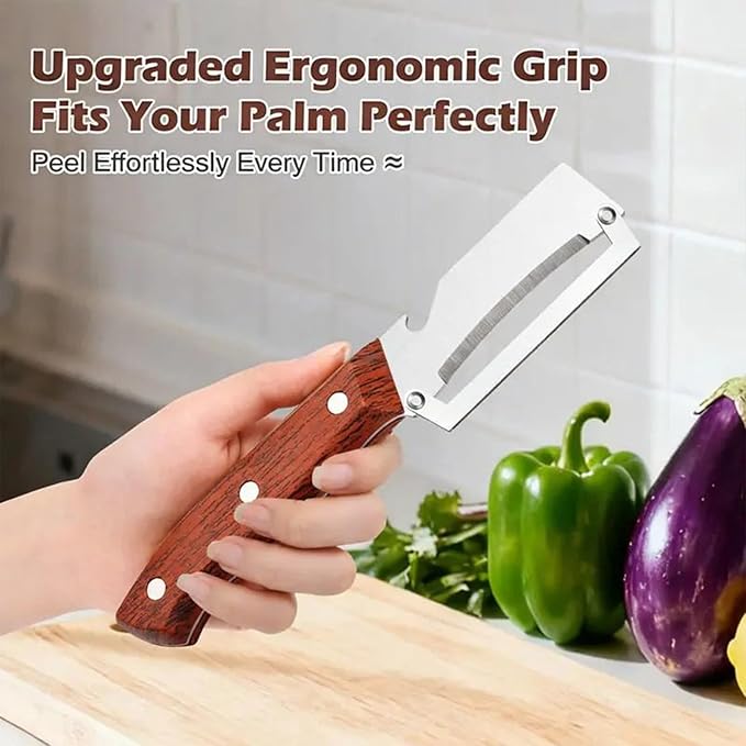 Roselli Wooden-Handled Stainless Steel Shredder and Peeler, Multifunctional Vegetable Peelers for Kitchen, Stainless Steel Peeler Knife with Wooden Handle & Bottle Opener (Paring knife*1)