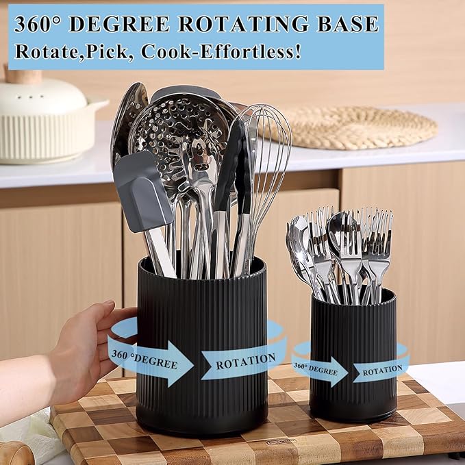 Kyraton Cooking Utensils Holder 2pcs, 360° Rotating Heavy Duty Plastic Kitchen Utensil Holder for Countertop, The Small Utensil Crock for Cutlery Silverware, Tooth Brush, Desk Pencil Pen - Image 3
