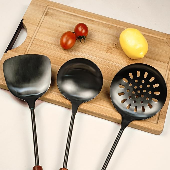 FJNATINH Wok Spatula and Ladle,Skimmer Ladle Tool Set, 17inches Spatula for Wok, 304 Stainless Steel Wok Spatula,Black - Image 6