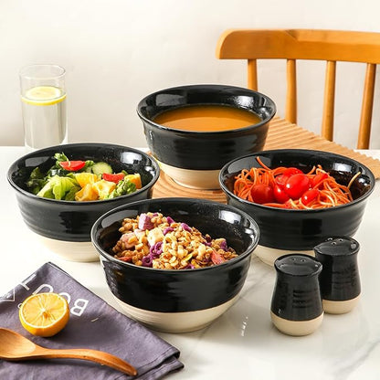 HASENSE Large Ceramic Soup Bowls Set of 4, 40 Oz Gloss Black Beige Stackable Stoneware Bowls, Farmhouse Bowls for Salad, Pasta, Ramen & Pho, Dishwasher & Microwave Safe - Image 4