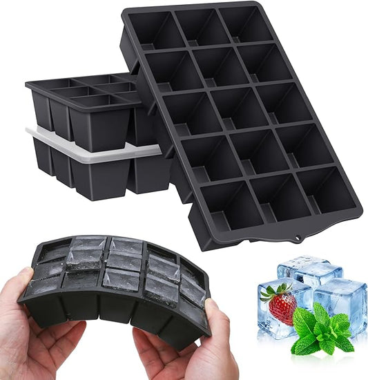 FANYITY Silicone Ice Cube Tray with Lid, Black, Pack of 4 Ice Cube Moulds, Silicone Mould, BPA-Free, Stackable Ice Cube Tray, Ice Cube Trays for Baby Porridge, Cocktail, Whiskey, Coffee