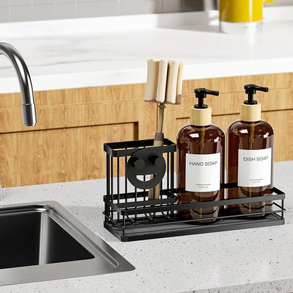 Moforoco Kitchen Dish Soap Dispenser Set, 16OZ Glass Bottle, Hand and Dish Soap Dispenser Set, Instant Dry Tray, Brush Holder with Smiley Face Sponge Holder (Black Tray+Amber Bottle+Labels) - Image 6