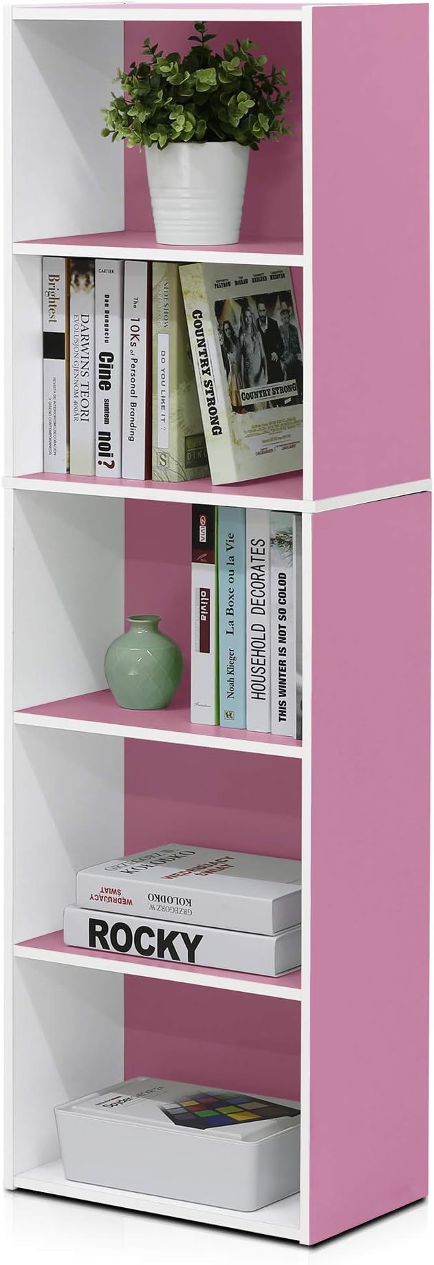 Furinno LUDER Book Shelf, 5-Tier Bookshelf, Bookcase with Open Shelves, 9.4 x 15.8 x 52, Easy Assembly, for Living Room, Bedroom, Home Office, White/Pink by Furinno-FitsYourSpaceFitsYourBudget