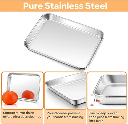 TeamFar Toaster Oven Pan with Rack Set, 10.5 x 8 x 1 Inch Stainless Steel Small Baking Pan Tray with Grid Rack for Baking Roasting Cooling, Non-Toxic & Heavy-Duty, Dishwasher Safe, (2 Pans + 2 Racks)