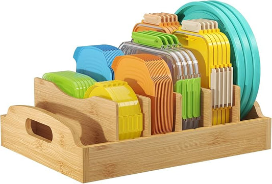 Lifewit Bamboo Lid Organizers for Inside Cabinet, Food Storage Container Lid Holder with 5 adjustable Inserts & 6 Sections, Kitchen Pantry organizer and storage, Large, 13.2" x 10"/34 x 25cm by Lifewit