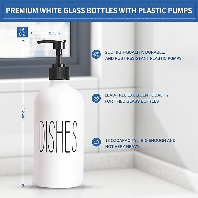 COHOSEGE 16 Oz Glass Soap Dispenser Set 2 Pack for Kitchen Sink,Contains Hand and Dish Soap Dispenser,White Kitchen Utensils - Image 3