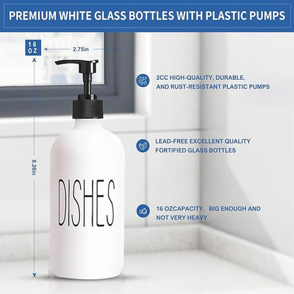 COHOSEGE 16 Oz Glass Soap Dispenser Set 2 Pack for Kitchen Sink,Contains Hand and Dish Soap Dispenser,White Kitchen Utensils - Image 3