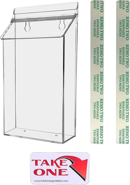 Outdoor Brochure Holder Holds 6" x 10" Booklets Wall Mount Clear with Lid Acrylic Box with Lid Includes Take One Sticker and Adhesive Strips Bifold Display Rack by Marketing Holders