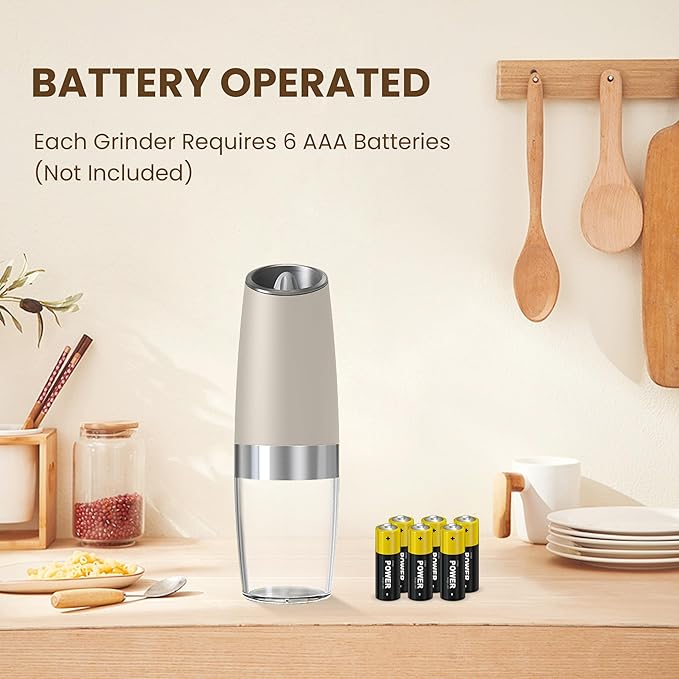 Gravity Electric Salt And Pepper Grinder Set, Automatic Salt And Pepper Grinder Set, Battery Powered (6 AAA Batteries Each), Adjustable Roughness, LED Light, 2 Pack, (Khaki) - Image 2
