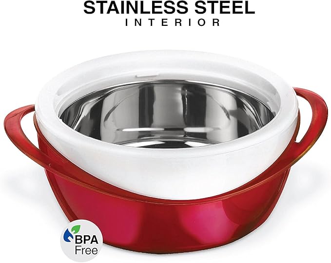 Pinnacle Large Insulated Casserole Dish with Lid 2.6 qt. Elegant Hot Pot Food Warmer/Cooler -Thermal Soup/Salad Serving Bowl Stainless Steel Hot Food Container–Best Gift Set for Moms –Holidays Red
