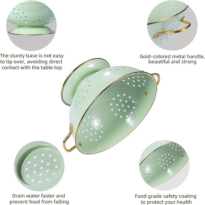 Metal Colander Set of 3, Strainer Basket with Handles perfect for Spaghetti, Pasta, Berry, Vegetable, Fruit, Solid Base Powder Coated Kitchen Essential Strainer Set, 1 & 3.5 & 5 Qt (Green) - Image 5