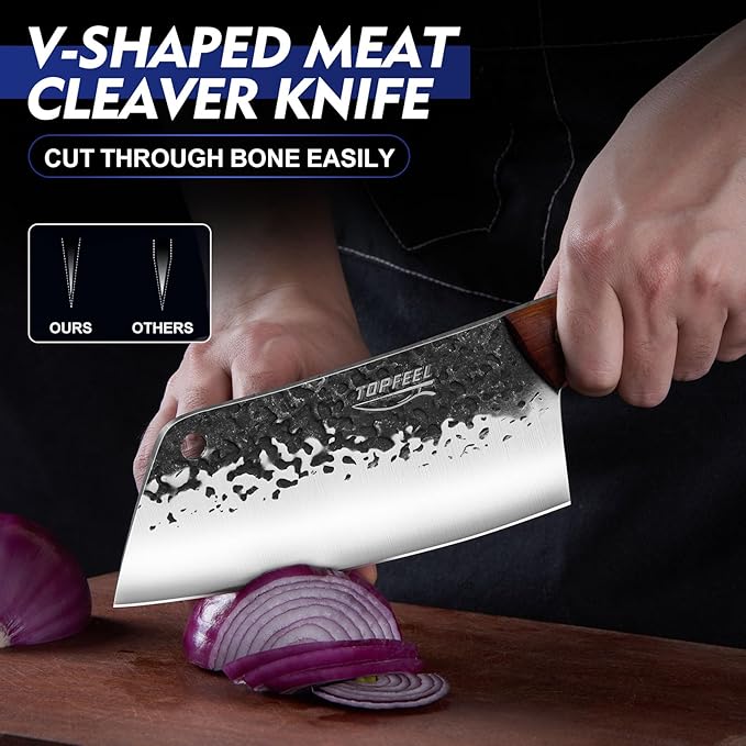 Topfeel 8PCS Chef Butcher Fish Knife Set for Meat Cutting with Roll Bag, Hand Forged Meat Cleaver Knife Boning Carving Knife Set for Home、Camping、BBQ - Image 4