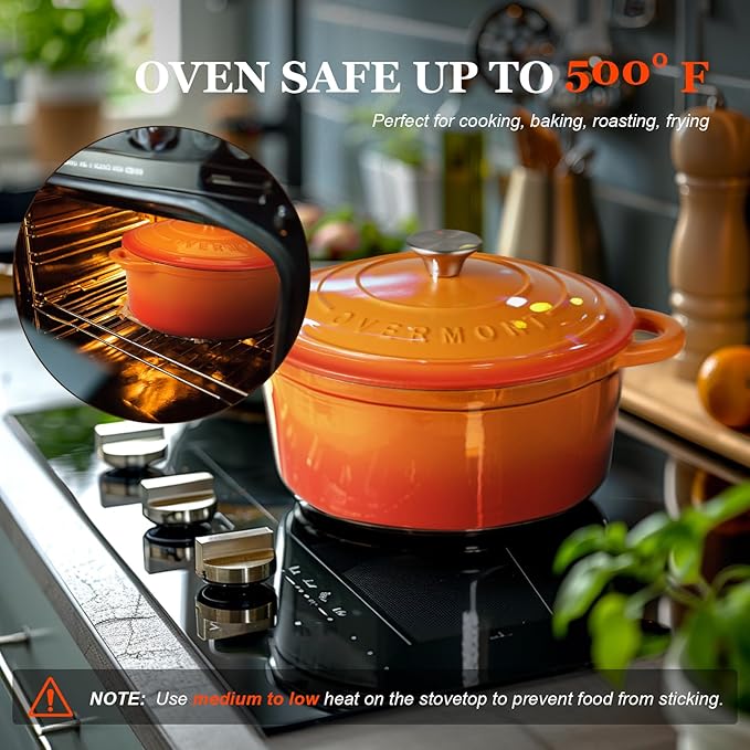 Overmont Enameled Cast Iron Dutch Oven - 7QT Pot with Lid Cookbook & Cotton Potholders - Heavy-Duty Cookware for Braising, Stews, Roasting, Sourdough Baking orange - Image 5
