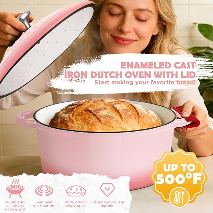 Enameled Cast Iron Dutch Oven Pot with Lid, Incl. Sourdough Bread Baking Supplies Like Banneton Bread Proofing Basket, Starter Jar, Scoring Tool Lame, 5QT Dutch Oven for Bread Baking, Oven Safe up to 500°F - Image 5