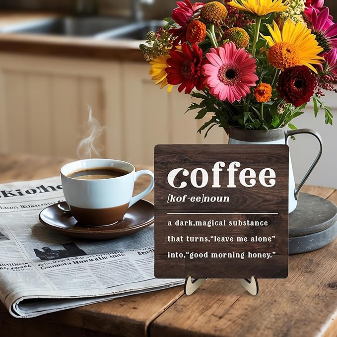 Coffee Bar Sign Plaque,Coffee Bar Accessories,Vintage Cafe Bar Plaque Desk Decor for Kitchen Home or Office,Farmhouse Decoration 5.9x5.9inch - Image 6