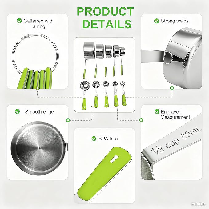 Bopei Measuring Cups and Spoons Set Stainless Steel 10 Piece for Cooking and Baking (5 Cups + 5 Spoons, Green Handle) - Image 3