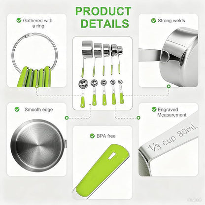 Bopei Measuring Cups and Spoons Set Stainless Steel 10 Piece for Cooking and Baking (5 Cups + 5 Spoons, Green Handle) - Image 3
