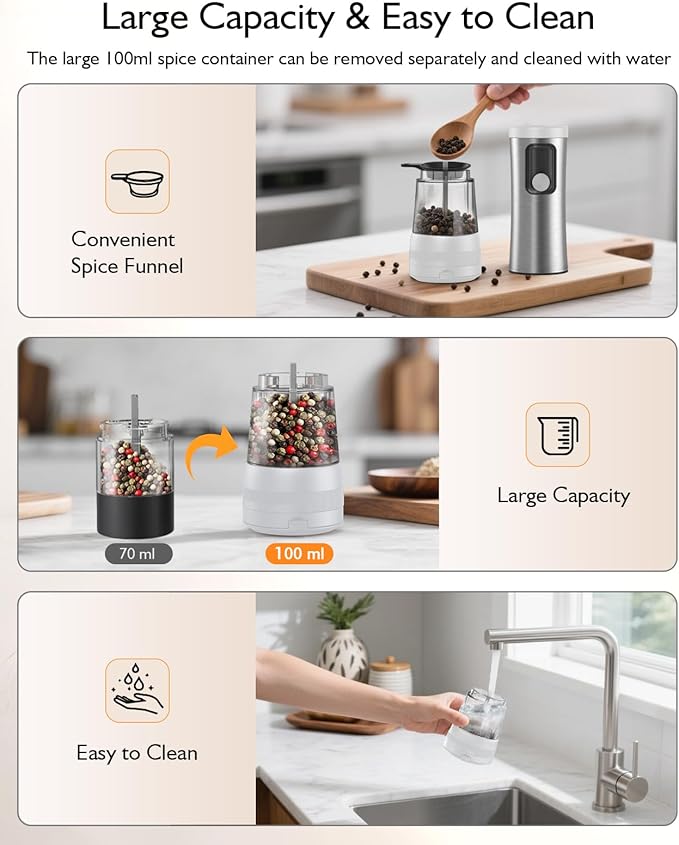 Electric Salt and Pepper Grinder Set, Upgraded 2-Speed Setting, External 5 Adjustable Coarseness, Battery Display Rechargeable Base, Stainless Steel Automatic Salt & Pepper Shaker Mill with LED, White - Image 6