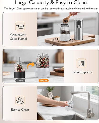 Electric Salt and Pepper Grinder Set, Upgraded 2-Speed Setting, External 5 Adjustable Coarseness, Battery Display Rechargeable Base, Stainless Steel Automatic Salt & Pepper Shaker Mill with LED, White - Image 6