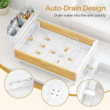 Urackify Dish Drying Rack for Kitchen Counter - Stainless Steel & Bamboo Dish Rack with Large Removable Utensil Holder, Dish Drainer with Adjustable Automatic Spout, White - Image 2