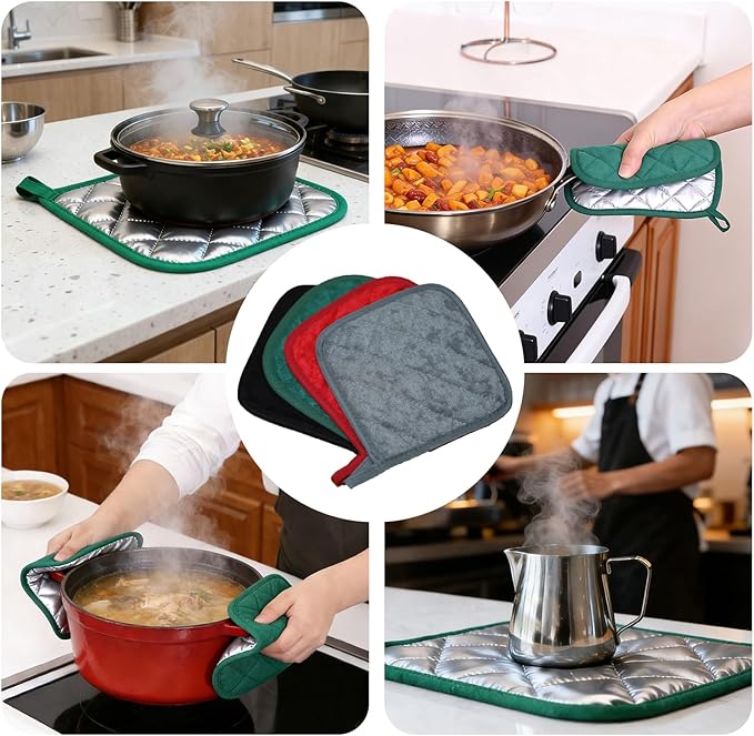 4 Pack Pot Holders for Kitchen Clearance Oven Potholders Sets for Kitchens Hot Pads for Kitchen Countertops Heat Resistant Dark Green - Image 6