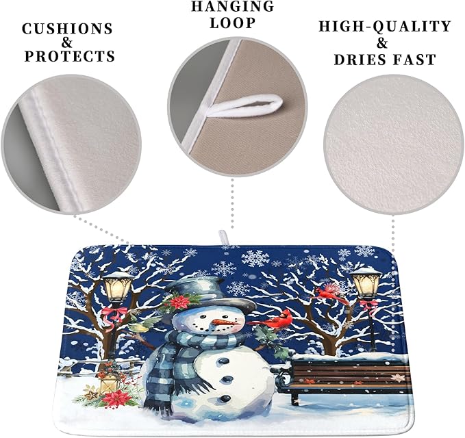 Winter Snowman Dish Drying Mat for Kitchen Counter 18x24, Xmas Snowflakes Dish Drainer Mat Snowy Night Drying Kitchen Mats Cardinal Birld Dish Pad Absorbent Reversible Coffee Mats for Dishes - Image 3