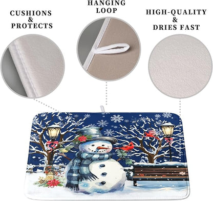 Winter Snowman Dish Drying Mat for Kitchen Counter 18x24, Xmas Snowflakes Dish Drainer Mat Snowy Night Drying Kitchen Mats Cardinal Birld Dish Pad Absorbent Reversible Coffee Mats for Dishes - Image 3
