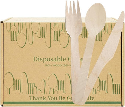 Wooden Utensils Set - Disposable Cutlery Set 360 Pieces (120 Forks 120 Spoons 120 Knives) Wooden Compostable Utensils Cutlery Combo Set- Eco-Friendly Biodegradable Utensils for Party