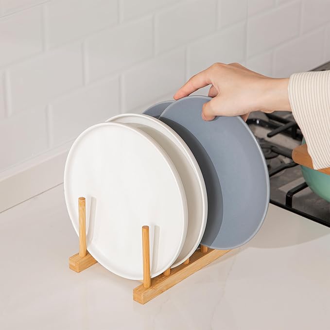 HBlife Bamboo Dish Plate Bowl Cup Book Pot Lid Cutting Board Drying Rack Stand Drainer Storage Holder Organizer Kitchen Cabinet（Keep Dry） - Image 4