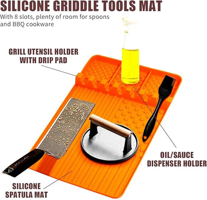 2 PCS Silicone Grill Mat Compatible with Blackstone, BBQ Griddle Tools Mat with Drip Pad, Spatula Mat for Outdoor Kitchen Counter, Gifts for Men (orange-2)