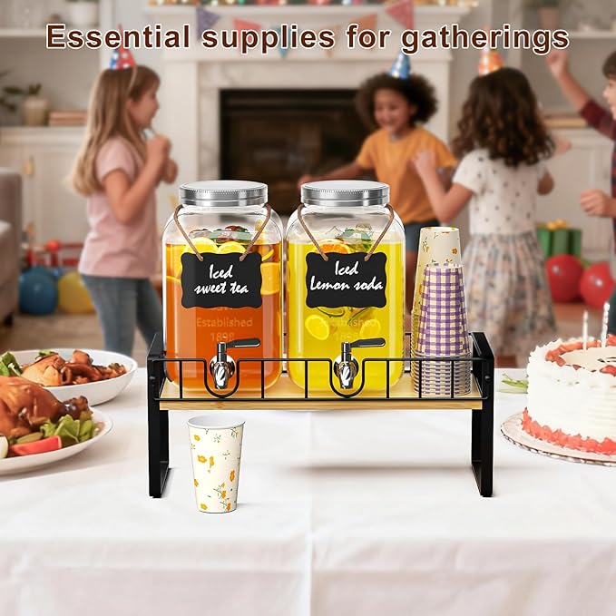 2-pack 1 Gallon Drink Dispenser,Glass Beverage Dispenser with Spigot,Lemonade dispenser Bamboo Stand for Outside, Glass Drink Dispensers for Parties with Ice Core - Image 8