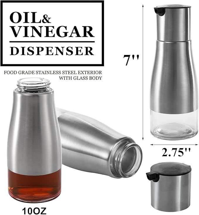 Tebery 2 Pack Silver Olive Oil and Vinegar Dispenser Set, 10OZ Oil Dispenser Cruet with Easy & Drip Free Pouring, Elegant Stainless Steel with Glass Bottom - Image 2