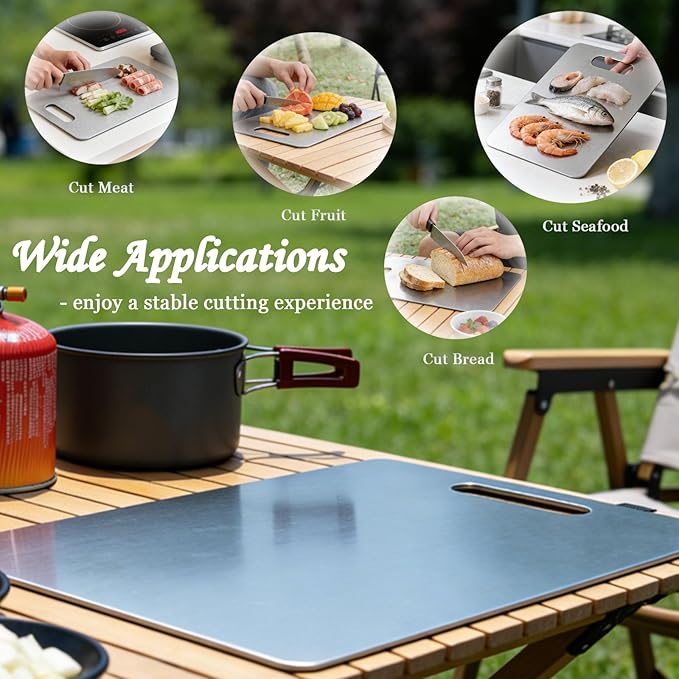 100% Pure Titanium Cutting Board Set of 3, Double-Sided Titanium Cutting Boards for Kitchen Dishwasher Safe, Camping Metal Charcuterie Chopping Board Mat for Meat, Fruit & Cheese (M+L+XL) - Image 3
